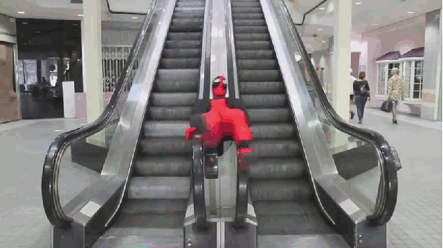 Why? Why?. Because: Deadpool. That's why. source: www.youtube.com/watch?v=xo-tWlETq8w gif is mine though. my husband just made it for me... Why? Because deadpool don't give a about gravity or physics....just like he don't give a about your fourth wall.