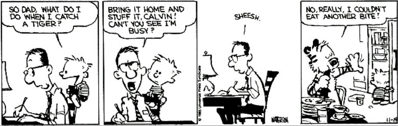 Calvin & Hobbes first 9 strips. I know posted the final comic twice, but it feels right. All credit goes to Bill Watterson, a man truly ahead of his time. THEE.
