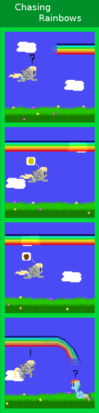 Chasing Rainbows Chasing Rainbows. zztfox.deviantart.com/#/d5lk1pm Derpy finds something better than Gold (and as good as Muffins ;) ) at the end of a rainbow... ...a Loyal Frie