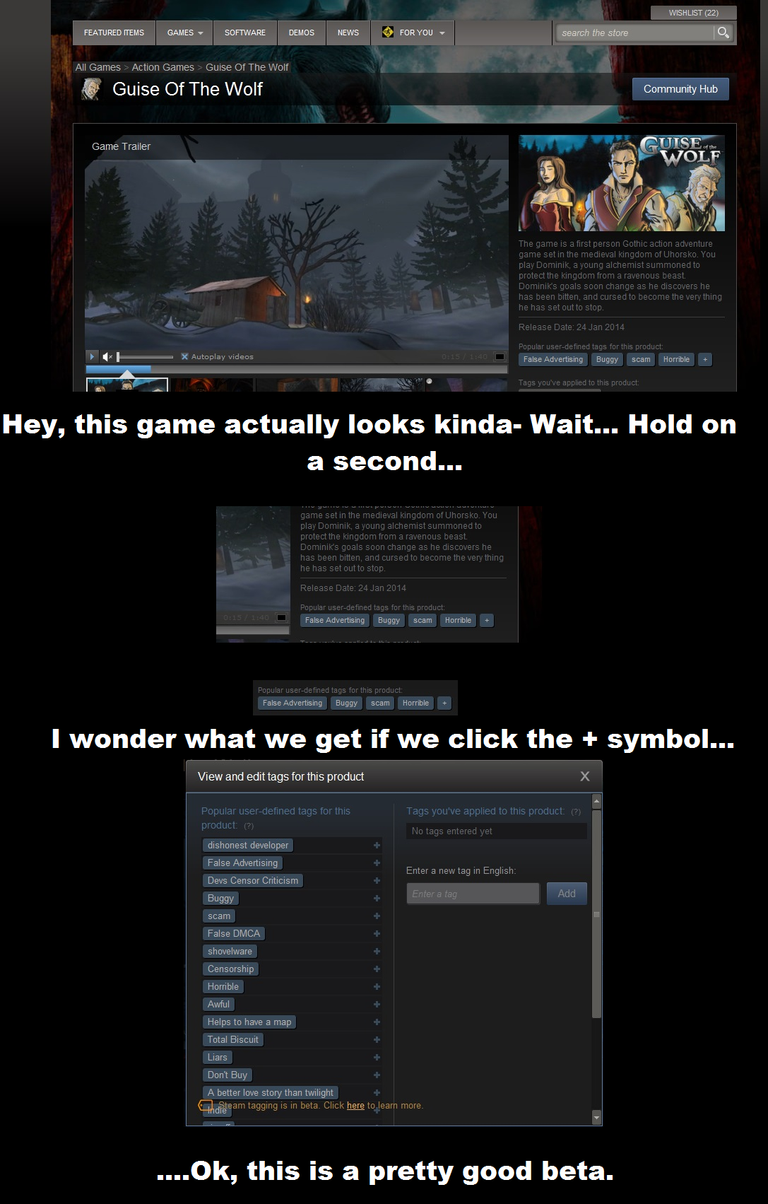Good guy Steam tags. Just something I noticed when surfing the store. FEATURED ITEMS GAMES 1- SOFTWARE DEMOS tit: Guise Of The Wolf Same Trailer NEWS WISH LIST 