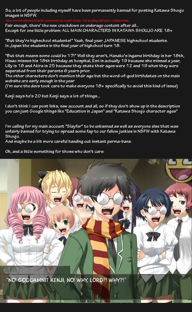 Katawa Shoujo NSFW ban rebuttal Katawa Shoujo NSFW ban rebuttal. Edit: damnit, it shrunk the image a little, enlarge it if you can't read it. You'd think being banned for not breaking the rule