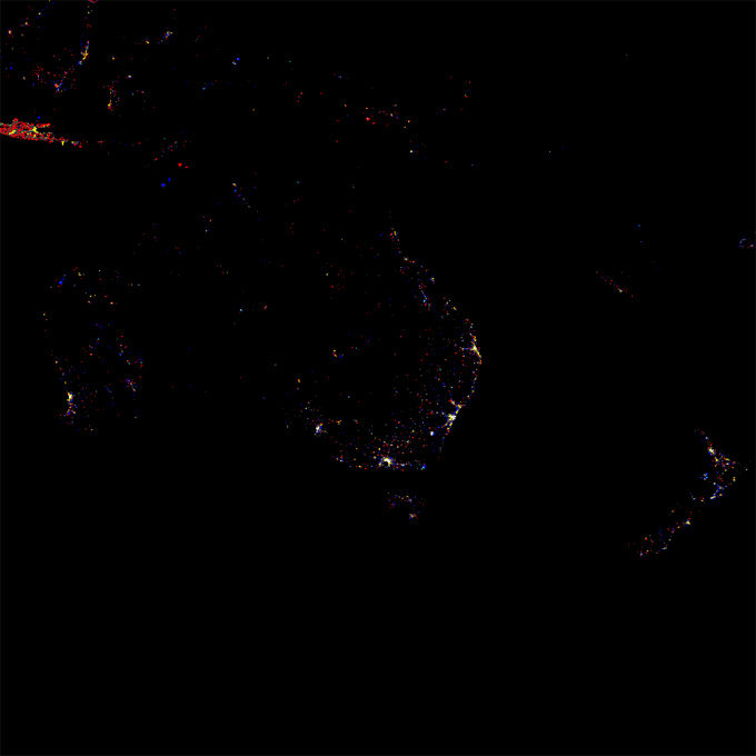 Oceania by night Oceania by night. "Led by Nasa and other organizations, it shows different social, geographical and economical evidences of the five continents, according
