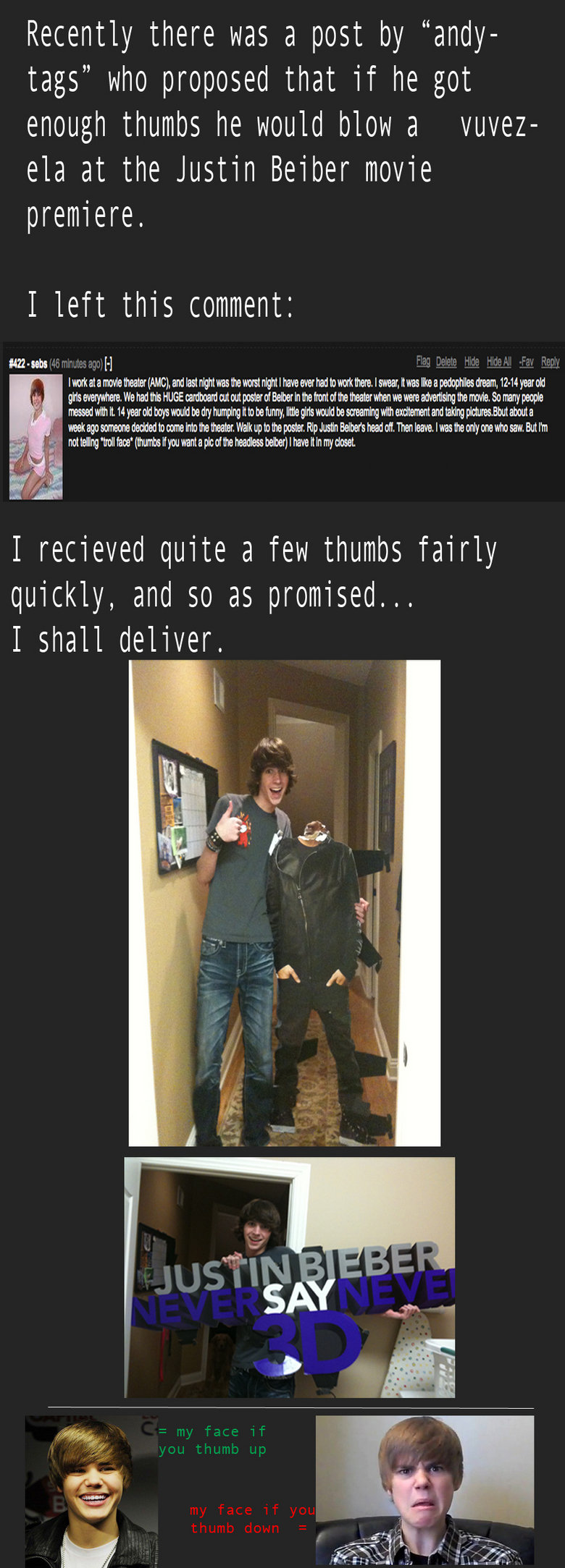 OP Delivers Beiber! OP Delivers Beiber!. &amp;quot;andytags&amp;quot; post is here: /funny_pictures/1645467/Tomorrow+read+descrip/<br /> Also, that is actually a life