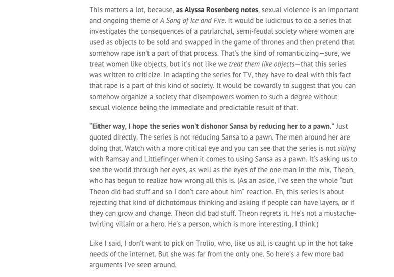 Sansa rape arguments debunked. You will probably enjoy reading this. Of course it's not mine, here's the source: www.rawstory.com/2015/05/all-hopefully-of-the-b