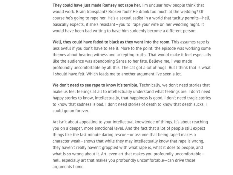 Sansa rape arguments debunked. You will probably enjoy reading this. Of course it's not mine, here's the source: www.rawstory.com/2015/05/all-hopefully-of-the-b