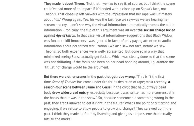 Sansa rape arguments debunked. You will probably enjoy reading this. Of course it's not mine, here's the source: www.rawstory.com/2015/05/all-hopefully-of-the-b