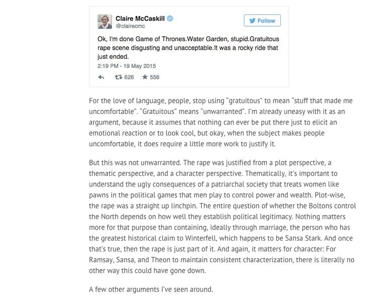 Sansa rape arguments debunked. You will probably enjoy reading this. Of course it's not mine, here's the source: www.rawstory.com/2015/05/all-hopefully-of-the-b