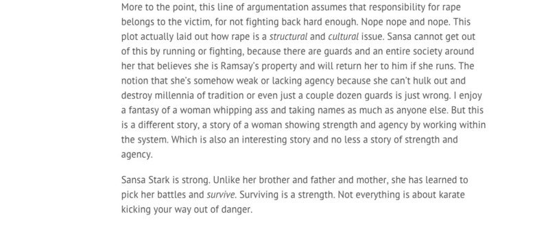 Sansa rape arguments debunked. You will probably enjoy reading this. Of course it's not mine, here's the source: www.rawstory.com/2015/05/all-hopefully-of-the-b