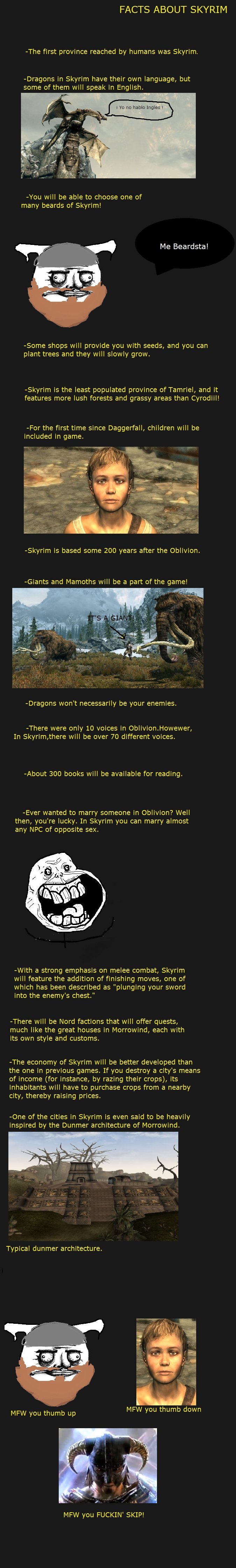 Skyrim Facts part 1 Skyrim Facts part 1. Last time I uploaded this, it got like 100 views in 6 hours... so i'm re-uploading it.,, part 2: /funny_pictures/2483054/Skyrim+Facts+2/ pa