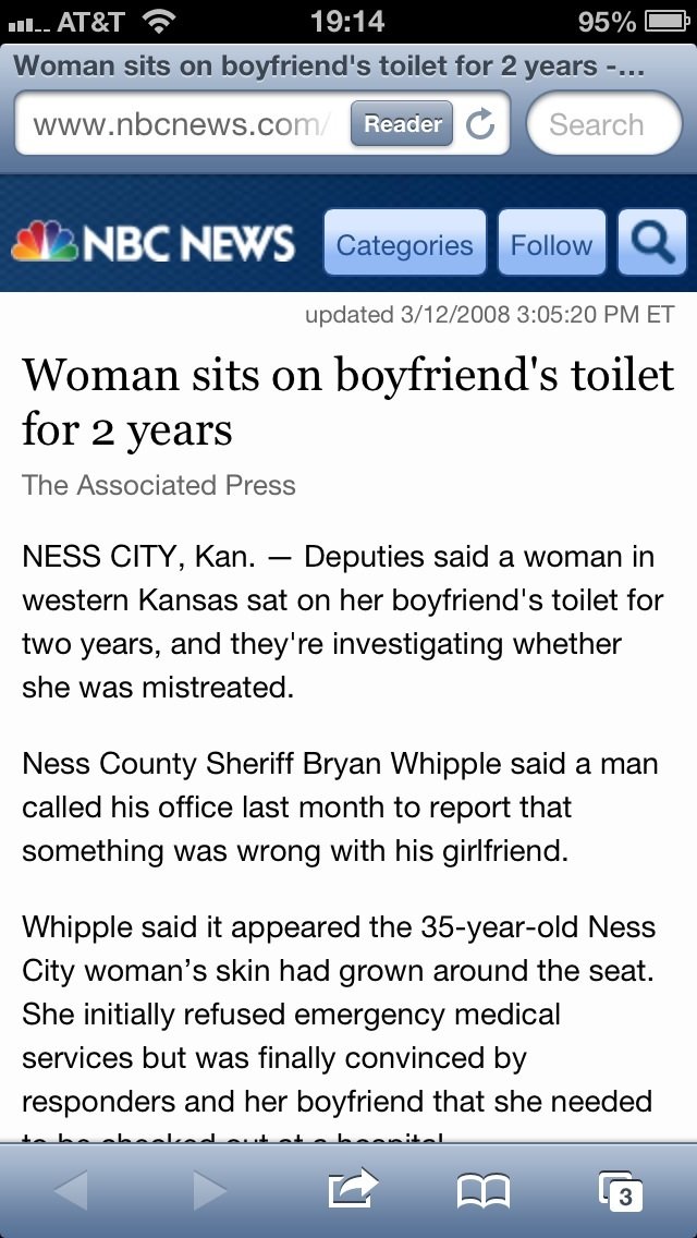 something was wrong with his girlfriend something was wrong with his girlfriend. Whipple said it appeared the 35-year-old Ness City woman’s skin had grown around the seat. She initially refused emerge