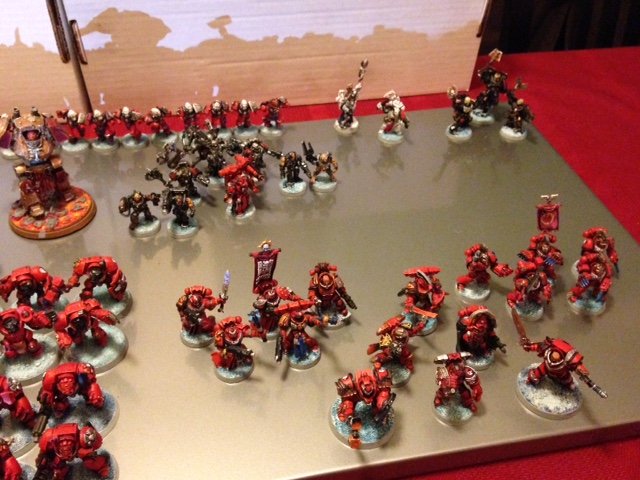 Spess Mehreens. Tactical squads 1-5 and the reserve, labeled as such on the pads. I put the more recent, better painted guys in the main squads, and stuck my ol