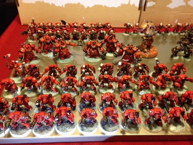 Spess Mehreens. Tactical squads 1-5 and the reserve, labeled as such on the pads. I put the more recent, better painted guys in the main squads, and stuck my ol