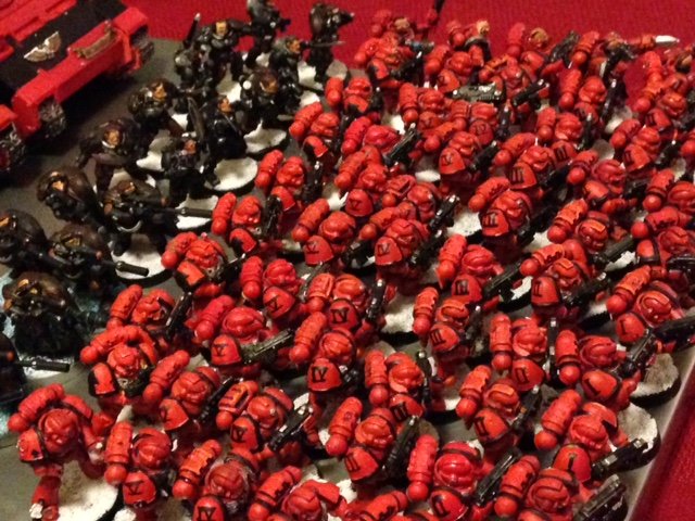 Spess Mehreens. Tactical squads 1-5 and the reserve, labeled as such on the pads. I put the more recent, better painted guys in the main squads, and stuck my ol