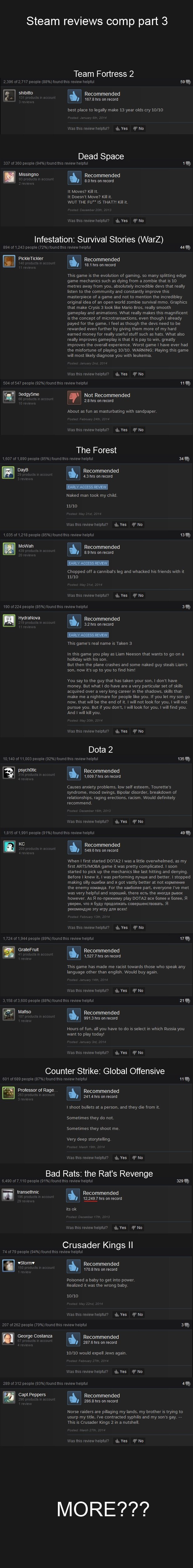 Steam reviews part 3 Steam reviews part 3. You guys love this , and I love all of you, so here is part 3! I'm kinda running out of games here, I'll try to make a part 4 though. Part