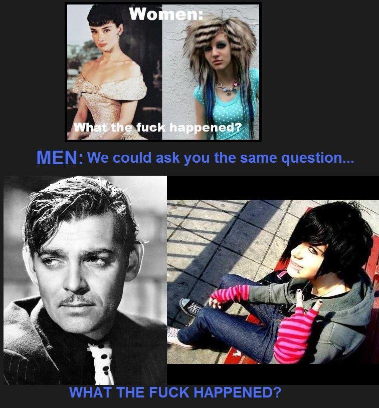 We can ask the same question We can ask the same question. in response to: /funny_pictures/2261062/WTF+Happened/ Edit: Front page!! Never thought this would get so far, thanks guys!!.. ...Comparing 16 year old scene kids to award winning black and white film stars is like comparing Justin Bieber to Chuck Norris. They have nothing to do with ea