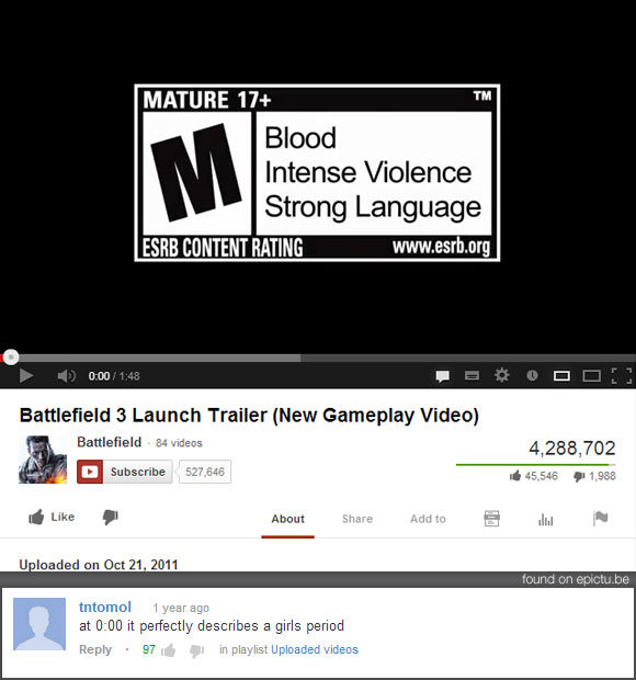 Well, you can't argue with that... Well, you can't argue with that.... This Battlefield 3 launch trailer has an ESRB ‘mature’ content rating because it contains blood, intense violence and strong