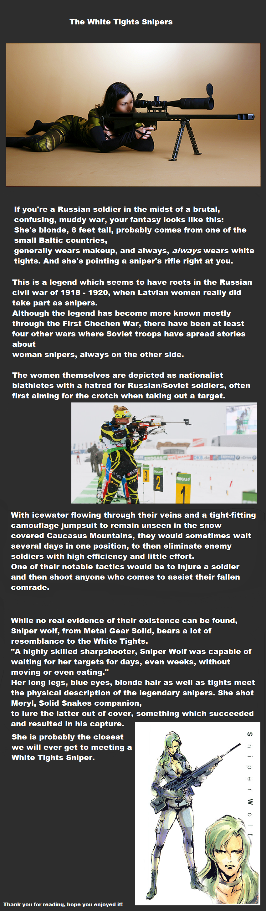 White Tights Snipers. Sources: www.badassoftheweek.com/index.cgi?id=93548749731 (i recommend reading this for more about the legend) militaryhistorynow.com/2013