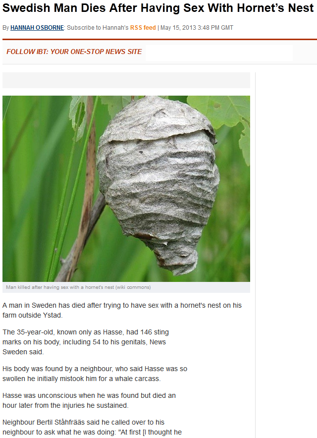 Why? Why?. Why the would you do this? www.ibtimes.co.uk/articles/467900/20130515/man-sweden-dies-sex-hornet-s-nest.htm. Swedish Man Dies After Having Sex With Hornet